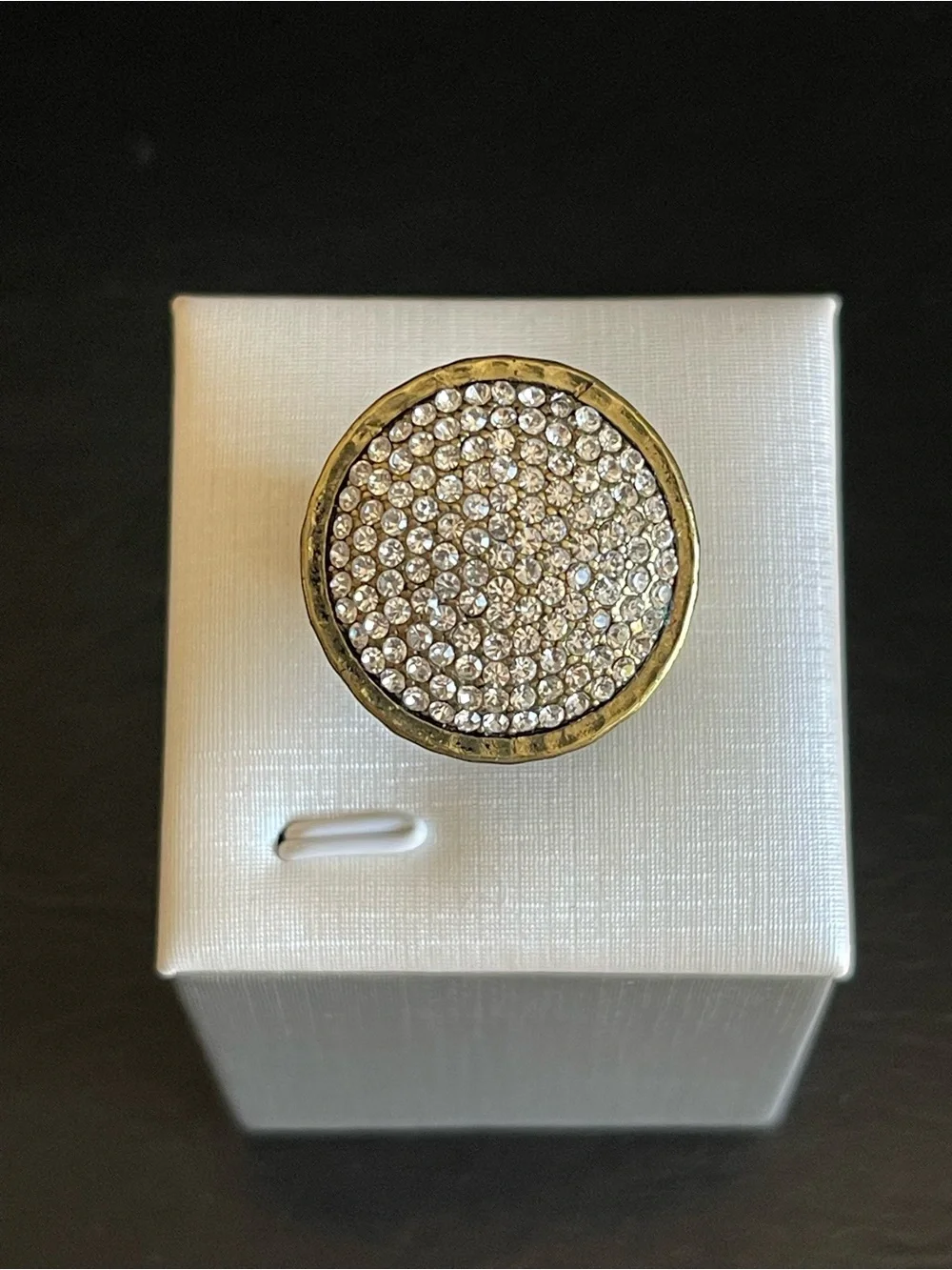 Brass Pave Crystal Round Cocktail Ring.